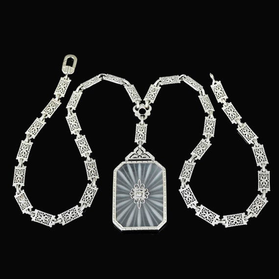 Art Deco Diamond Rock Crystal Necklace, 14K White 