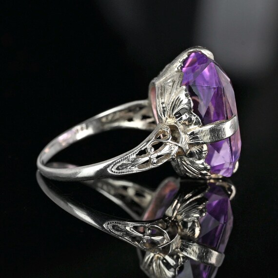 Art Deco Amethyst Ring: 18K White Gold Filigree, … - image 3
