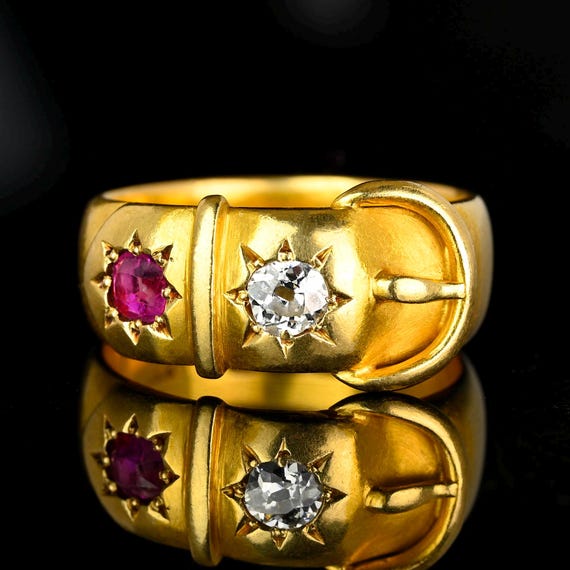 Antique Ruby Diamond Buckle Ring Band, 18K Gold Mine Cut Diamond