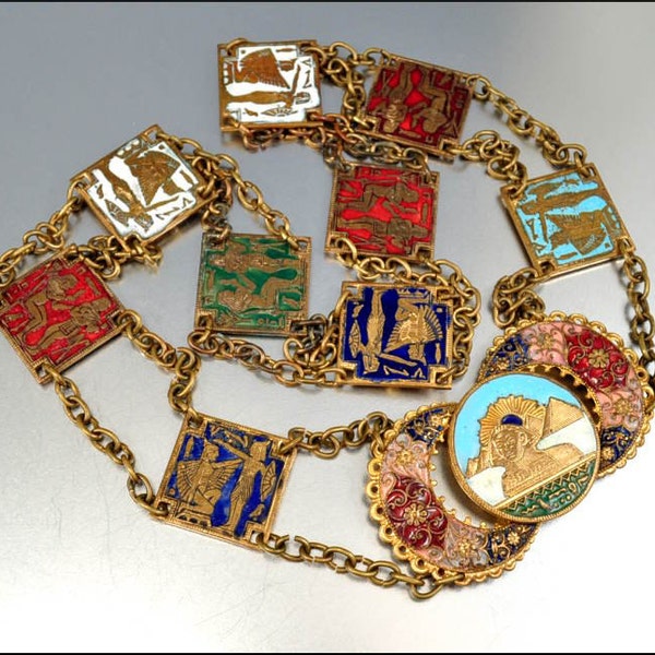 Egyptian Enamel Art Deco Necklace Belt Gold Gilt Egyptian Jewelry Vintage Art Deco Jewelry Accessories