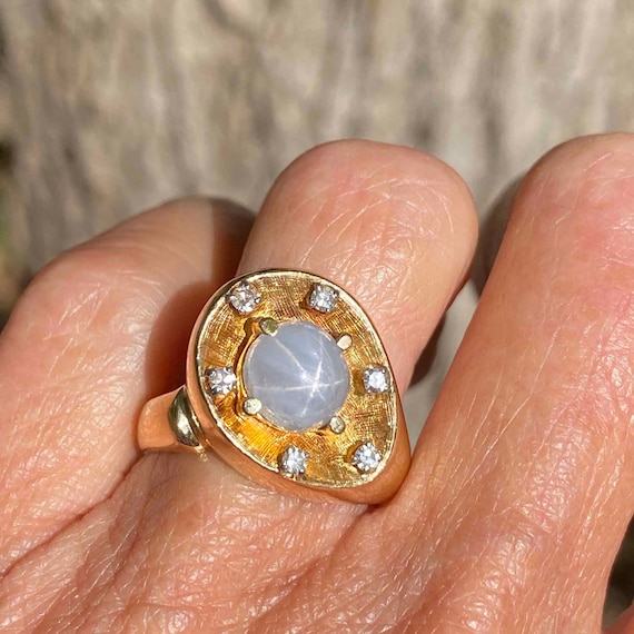 Diamond Star Sapphire Ring, 14K Gold Natural Blue… - image 1