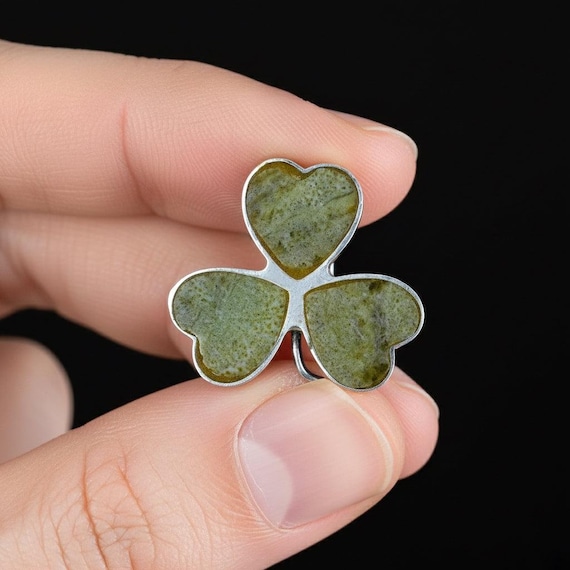 Antique Connemara Marble Shamrock Brooch: Sterling Silver Irish Clover Pin