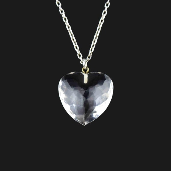 Vintage Rock Crystal Heart Necklace, Silver Facete