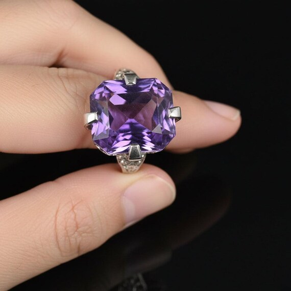 Art Deco Amethyst Ring: 18K White Gold Filigree, … - image 8