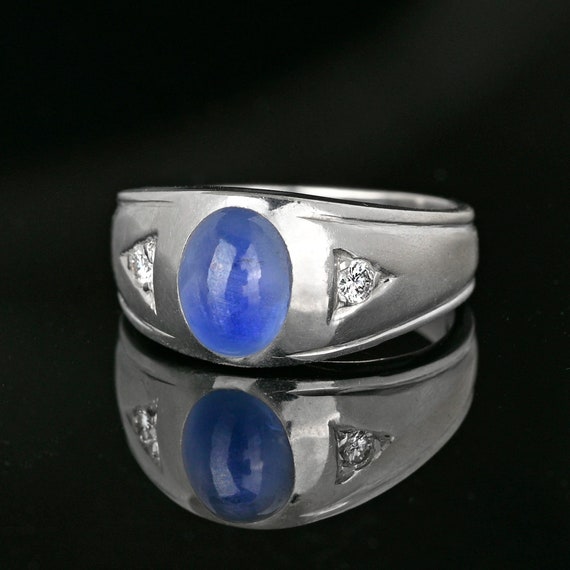 Art Deco Diamond Star Sapphire Ring, 14K White Go… - image 3
