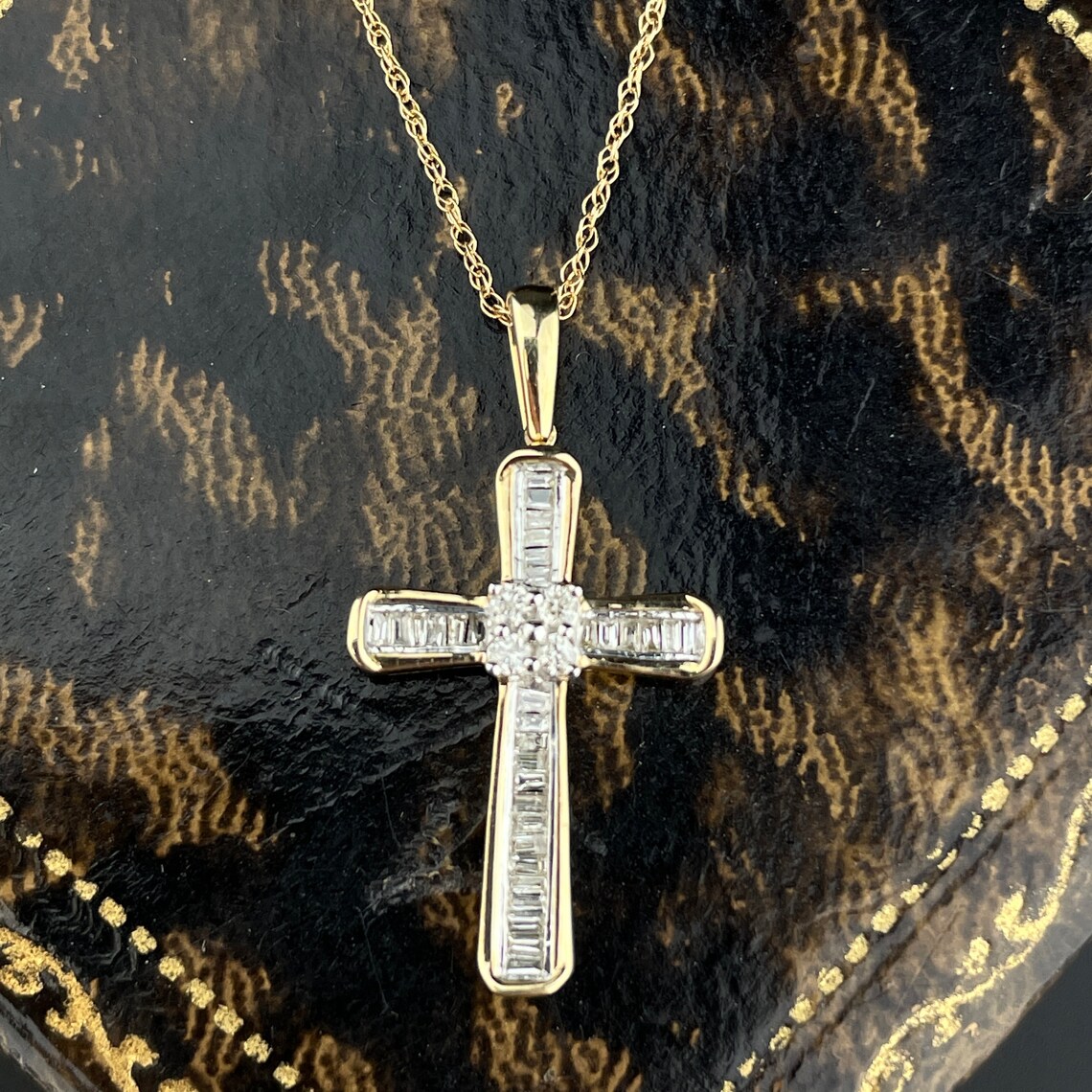 Baguette Diamond Cross Necklace 10K Gold Vintage Pendant Etsy