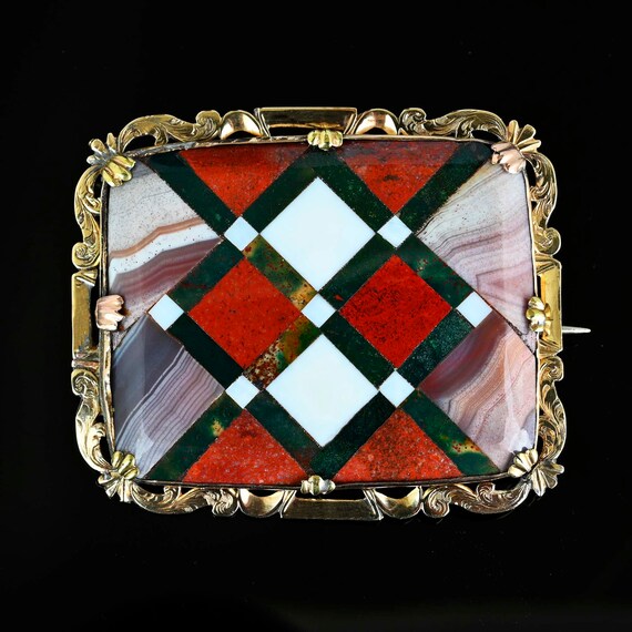Antique Pietra Dura Scottish Agate Brooch, 10K Go… - image 4