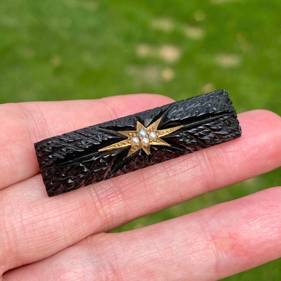 Pearl Starburst Victorian Whitby Jet Brooch, Vict… - image 4