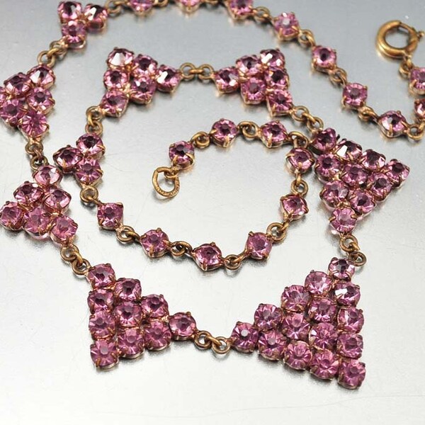 Purple Czech Rhinestone Art Deco Necklace, Geometric Triangle Links, Open Back Stones, 1920s Antique Jewelry Rhinestone Jewelry