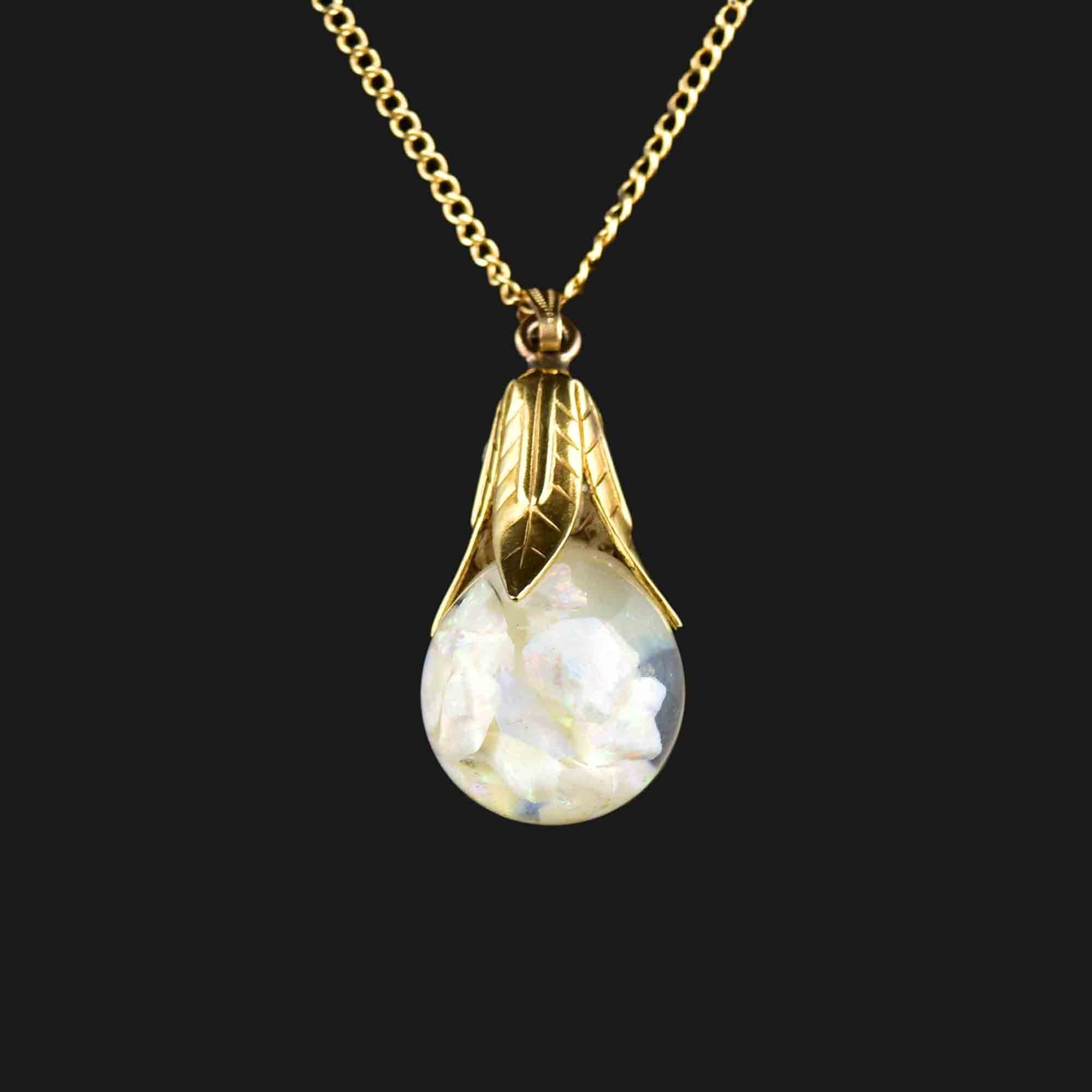 Floating Opal Vintage Pendant Necklace 14K Gold - Ruby Lane