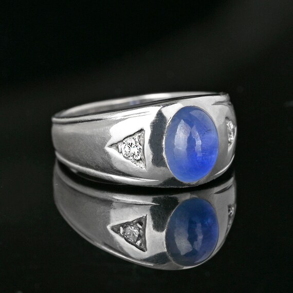 Art Deco Diamond Star Sapphire Ring, 14K White Go… - image 4