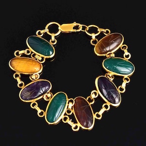 Vintage 14K Gold Fill Scarab Bracelet: Tiger Eye, Amethyst, Chrysoprase