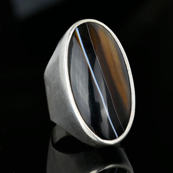 Vintage Silver Banded Agate Ring, Scottish Black … - image 5
