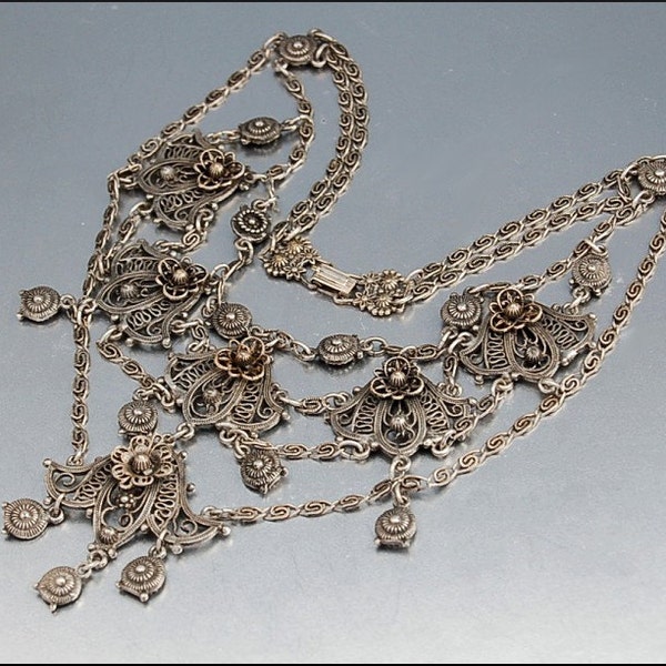 Vintage Etruscan Ethnic Necklace Silver Filigree Tribal