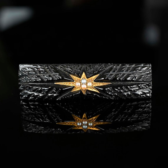 Pearl Starburst Victorian Whitby Jet Brooch, Vict… - image 1