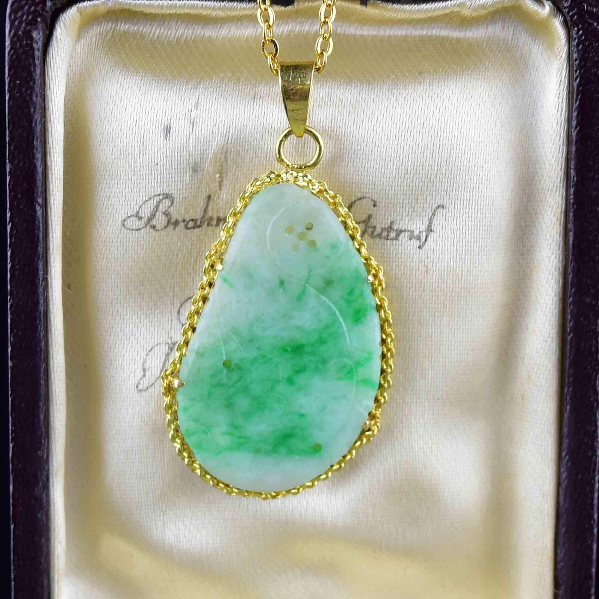 Vintage Pierced Jade Pendant Necklace, 14K Gold Carved