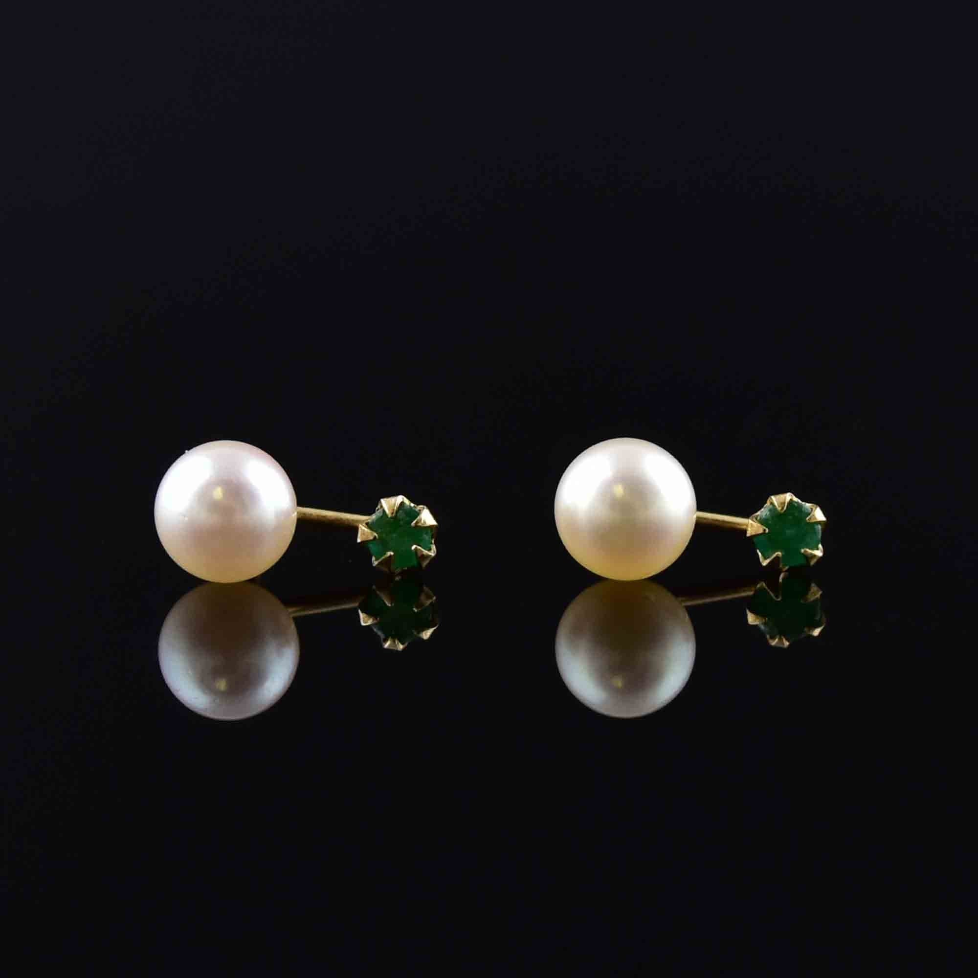 Vintage Emerald Pearl Earrings, 14K Gold Emerald Pearl Stud Drop