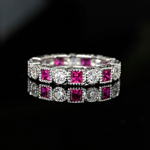 Silver Ruby Diamond Eternity Band Ring, Sterling … - image 2