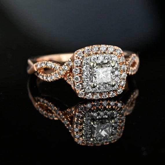 Rose Gold Princess Cut Diamond Ring, 14K Gold Dia… - image 3
