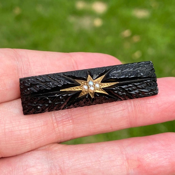 Pearl Starburst Victorian Whitby Jet Brooch, Vict… - image 2