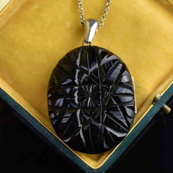 Whitby Jet Locket Antique Carved Whitby Jet Locket, Victorian Carved St… - Gem