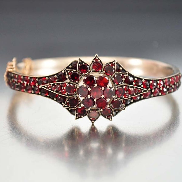 Victorian Bangle Bracelet Bohemian Garnet Bracelet Cluster Rose Cut Garnet Jewelry Antique Jewelry