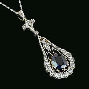 Antique Sapphire Diamond Pendant Necklace: 14K Gold Filigree Edwardian Jewelry