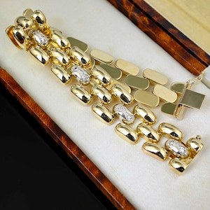 Vintage 14K Gold Diamond Bracelet, Panther Link Tank Bracelet, Retro Solid Gold Bracelet, Stacking Bracelet, Vintage Jewelry, 35.6 grams