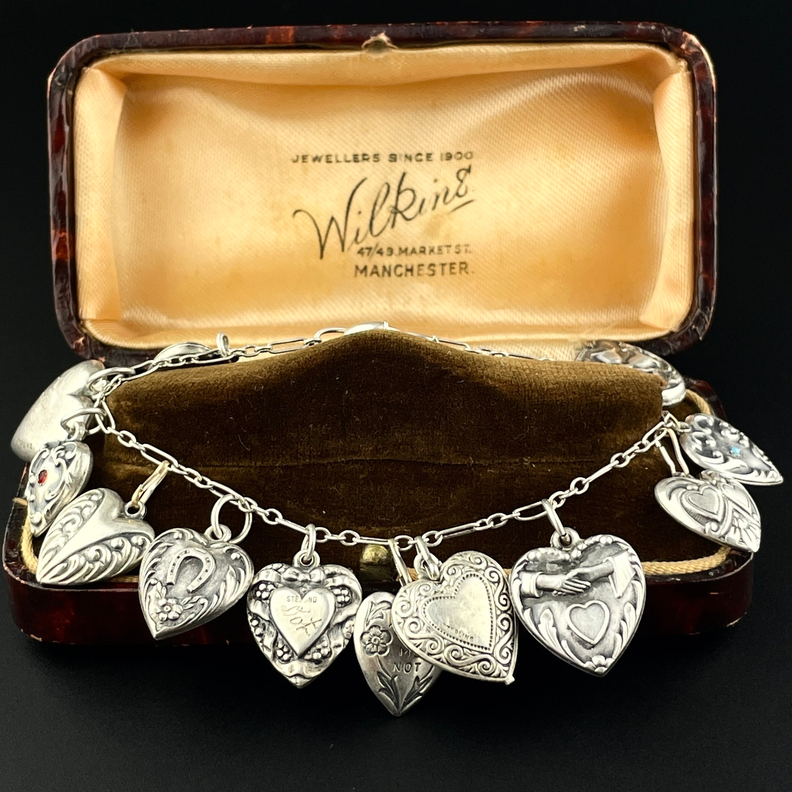 Art Deco Silver Puffy Heart Charm Bracelet, Antique Heart Art Deco Silver Puffy Heart Charm Bracelet, Antique Heart
