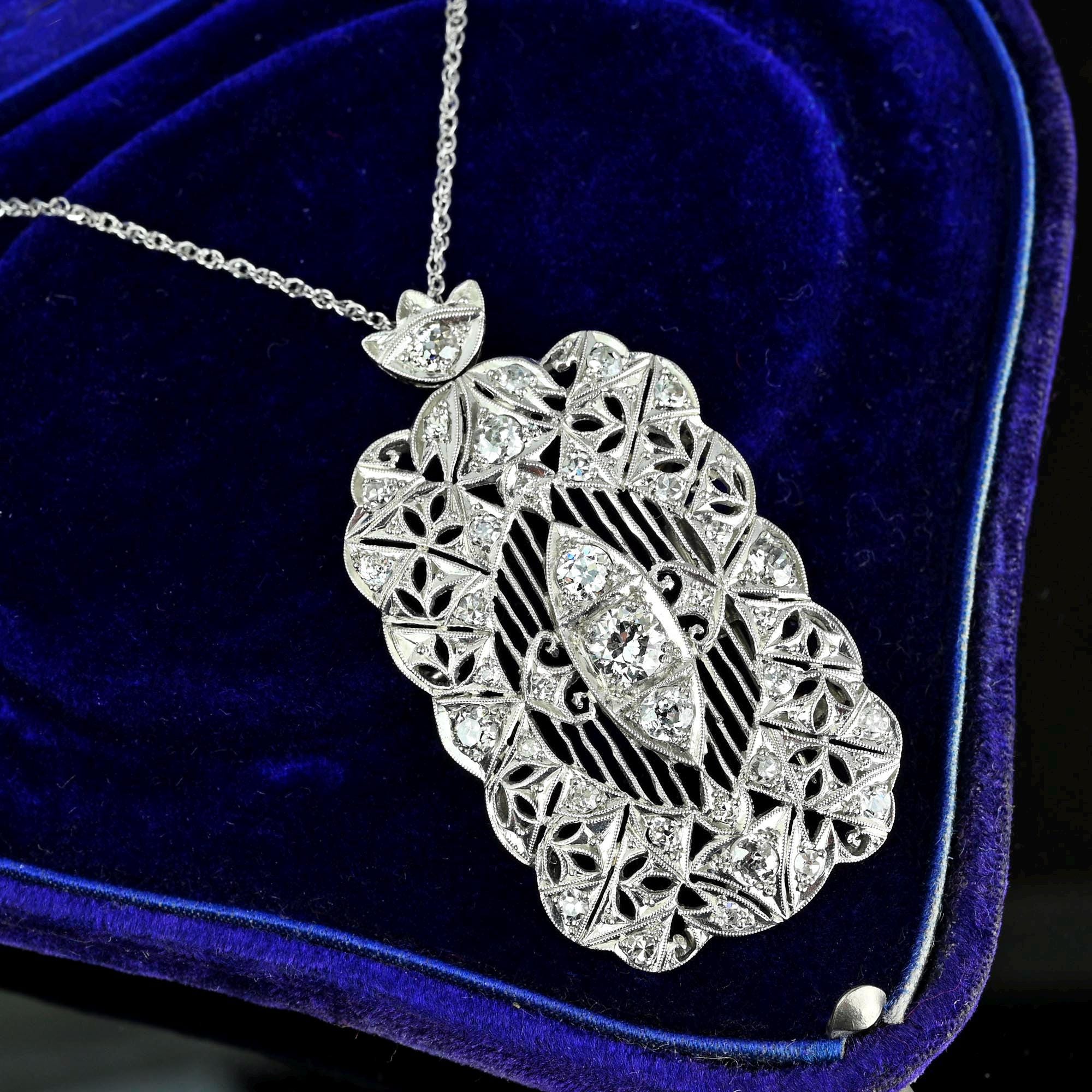 Art Deco Diamond Brooch Pendant: Antique Platinum Filigree Jewelry