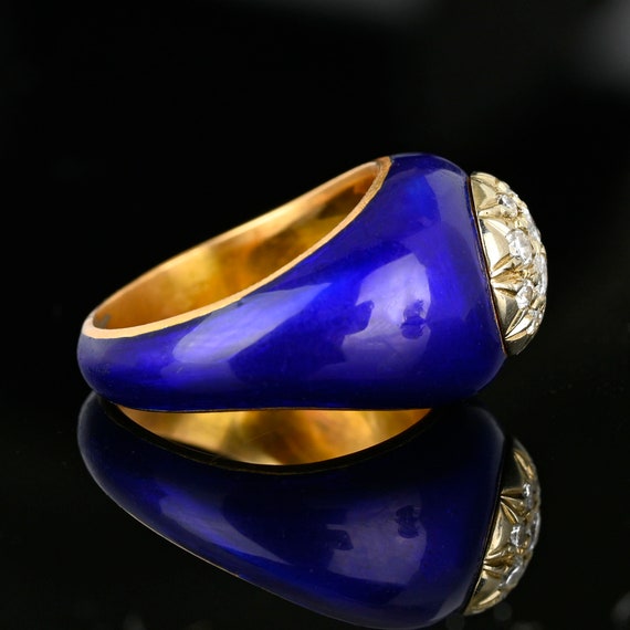 Cobalt Blue Enamel Diamond Ring, 14K Gold Diamond… - image 5