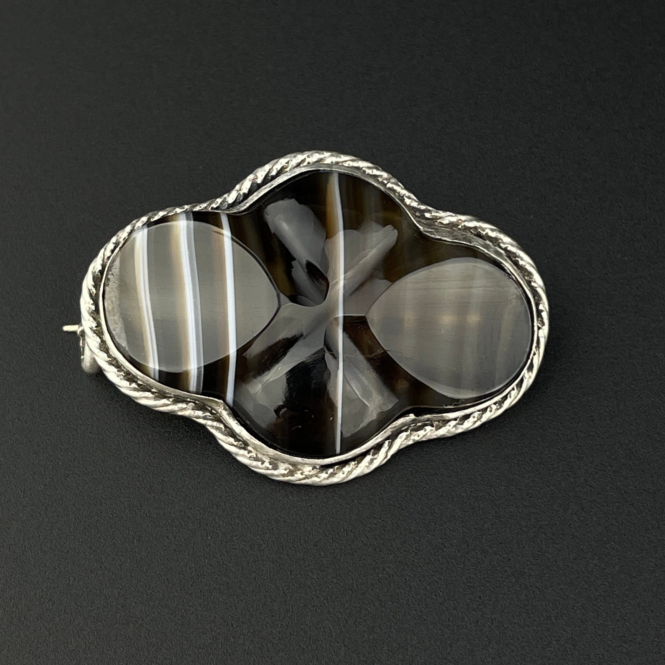 antique banded agate silver brooch