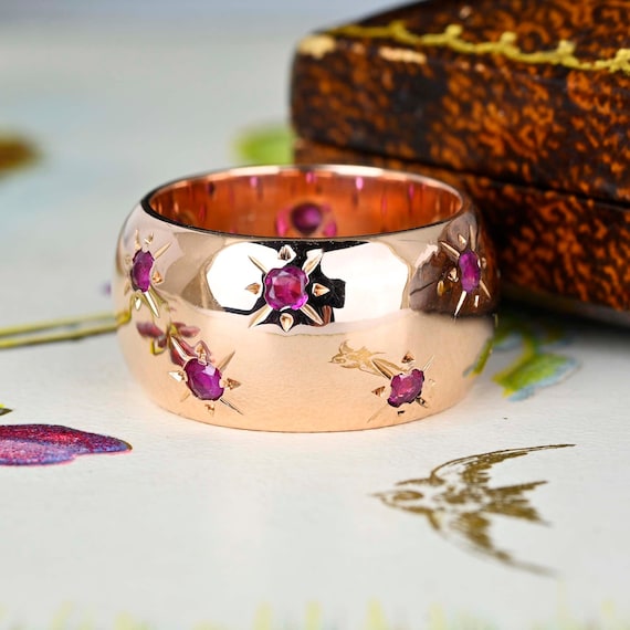 Wide Star Ruby Ring Band, 14K Rose Gold Full Eter… - image 3