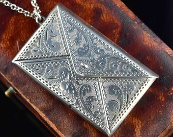Antique Stamp Holder Pendant, Silver Envelope Watch Fob Charm, Edwardian Stamp Holder Pendant, Vintage Jewelry Best Friend Gift