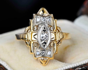 Vintage Two Tone Diamond Shield Ring, 10K Gold Art Deco Style Diamond Cluster Ring, Statement Diamond Cocktail Ring, Vintage Jewelry