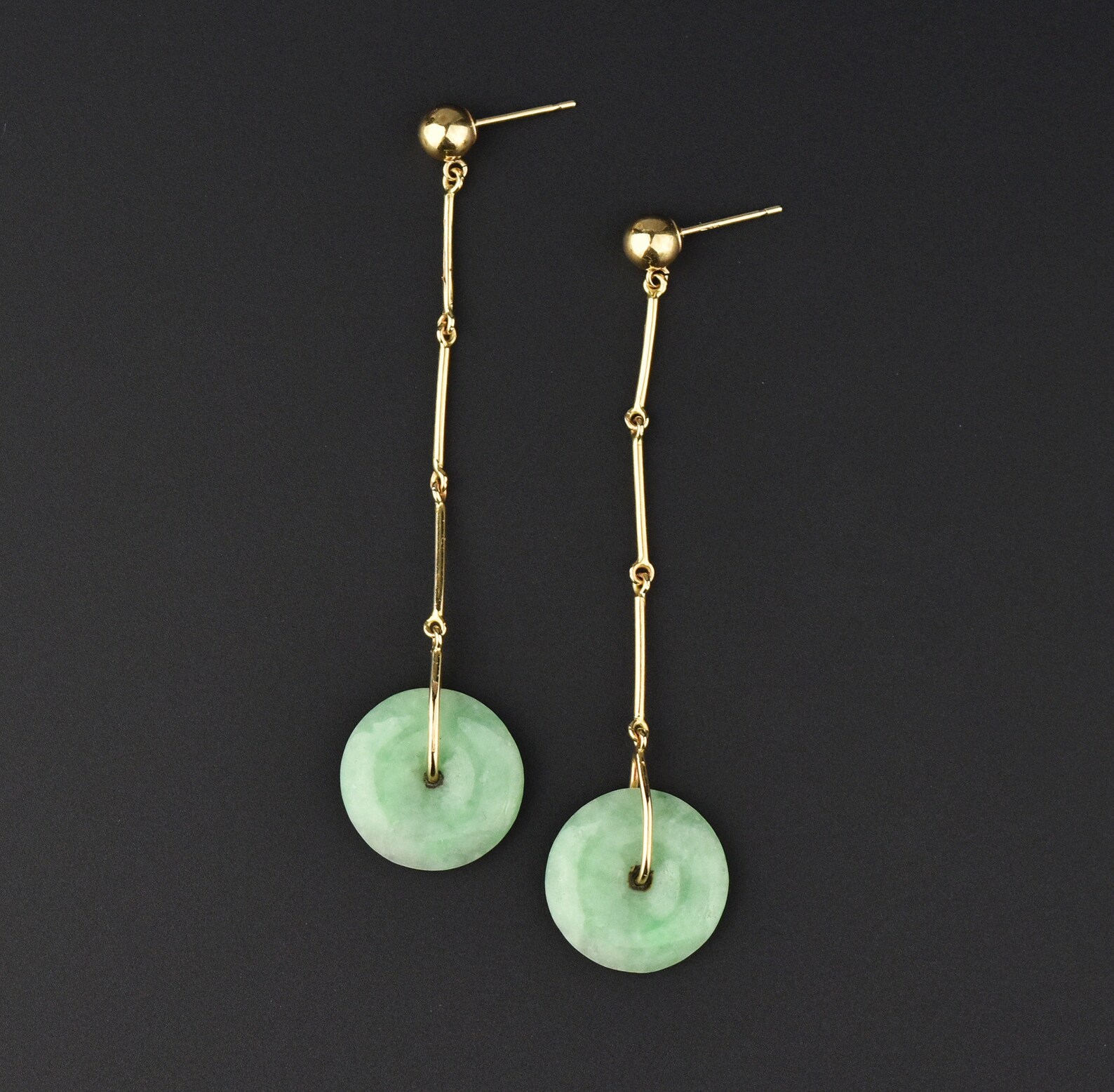 Vintage 14K Gold Jade Earrings Round Disc Long Natural Green | Etsy