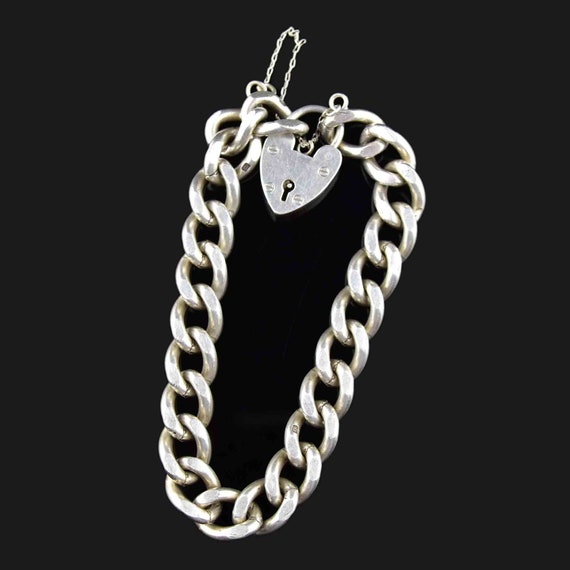 Curb Chain Heart Padlock Bracelet, Silver English… - image 5