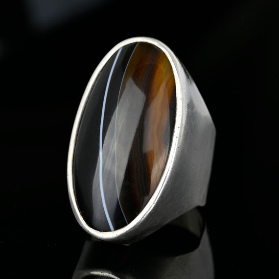 Vintage Silver Banded Agate Ring, Scottish Black … - image 3