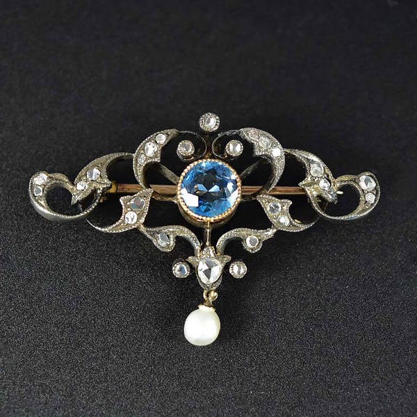 Edwardian Aquamarine Diamond Brooch, 12K Gold Pearl Brooch, Silver Heart Antique Brooch, Blue Aquamarine Love Token Rose Cut Diamond Pin