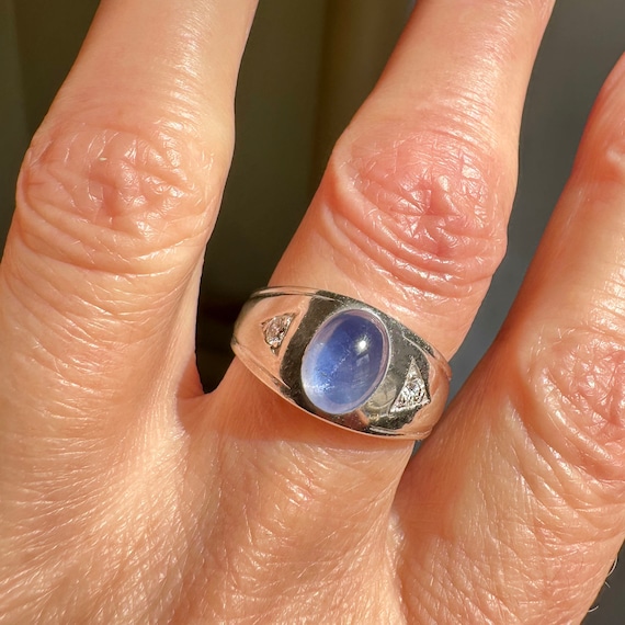 Art Deco Diamond Star Sapphire Ring, 14K White Go… - image 2