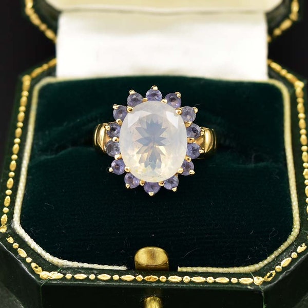 Amethyst Cluster Moonstone Ring, 10K Yellow Gold Halo Opal Ring, Blue Stone Opaline Statement Ring, Crystal Ring Estate Fine Vintage Jewelry