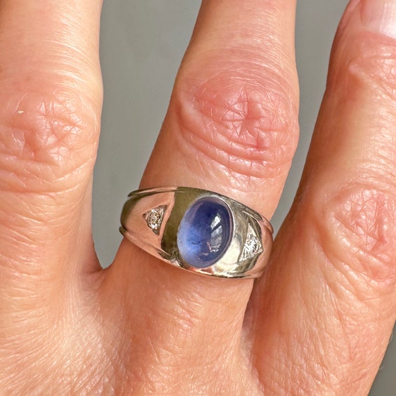 Art Deco Diamond Star Sapphire Ring, 14K White Go… - image 6