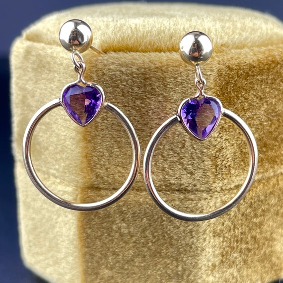 14K Gold Amethyst Hoop Earrings, Vintage Amethyst… - image 2