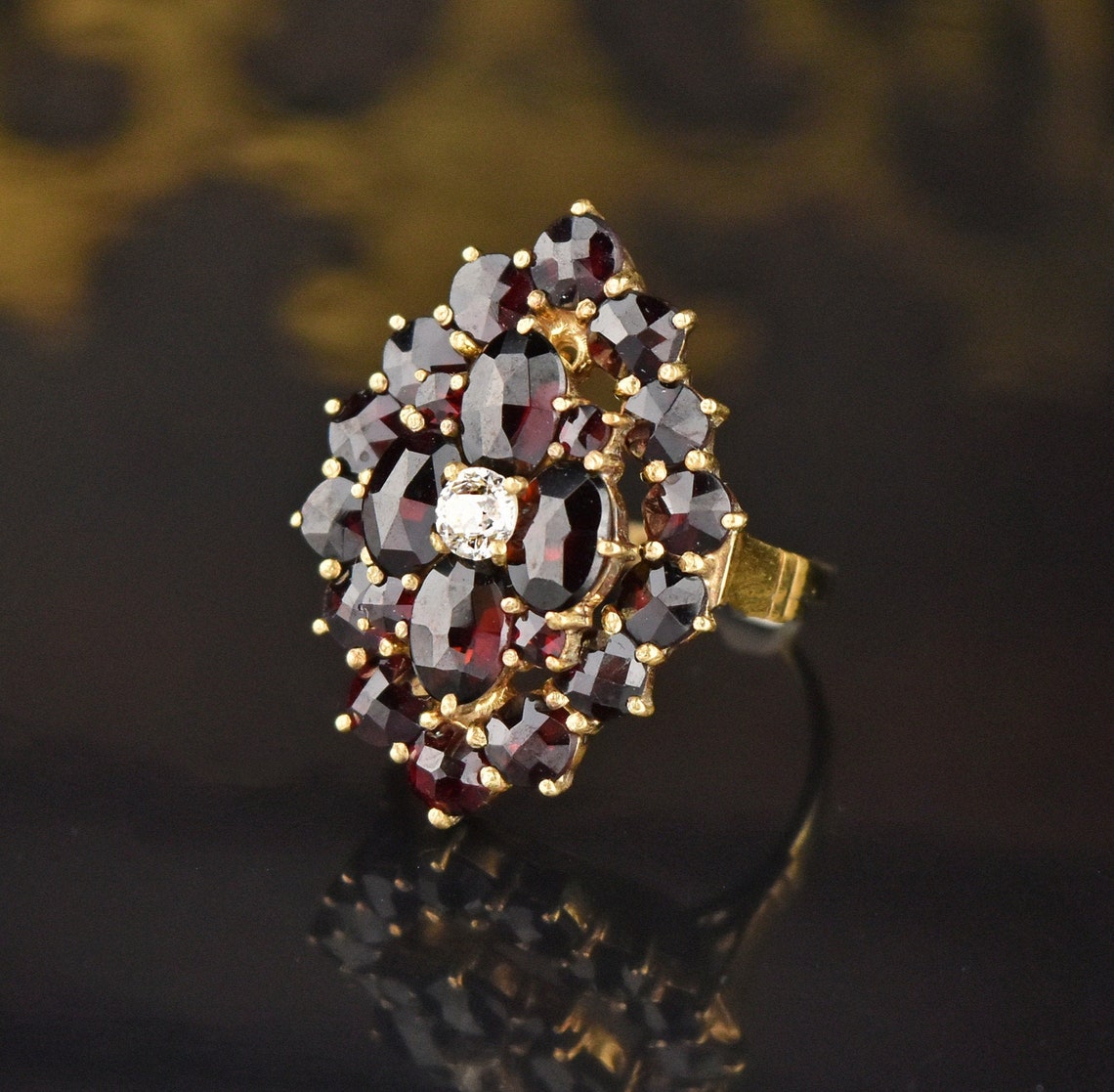Vintage Diamond Garnet Ring 10K Gold Garnet Cluster Ring | Etsy