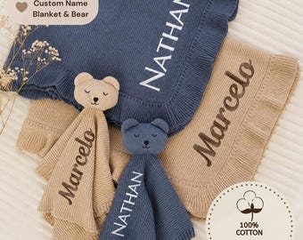 Couverture à volants en tricot de coton personnalisée et amour d'ours en peluche, ensemble cadeau bébé brodé personnalisé, souvenir de chambre de bébé