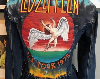 Veste à basque en denim bleu foncé recyclé Led Zeppelin pour femme, petite