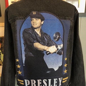 Elvis Presley Up-Cycled Dark Gray/Black Denim Jacket Unisex Size XL