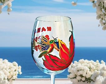 Hand Painted Hummingbird Wine Glasses, Bird of Paradise, Set of 4