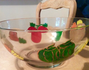 Hand Painted Large Salad Bowl, Vegetable Design