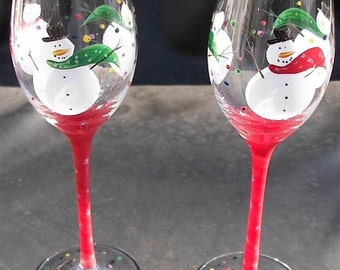 Painted wine glasses,Custom wine glasses,Christmas glasses,Snowmen Wine Glasses,Snowmen Glasses, painted snowmen